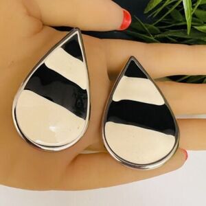Vintage Large Black Off White Silver Tone Enamel Stud Earrings 80s 90s Y2K 1118
